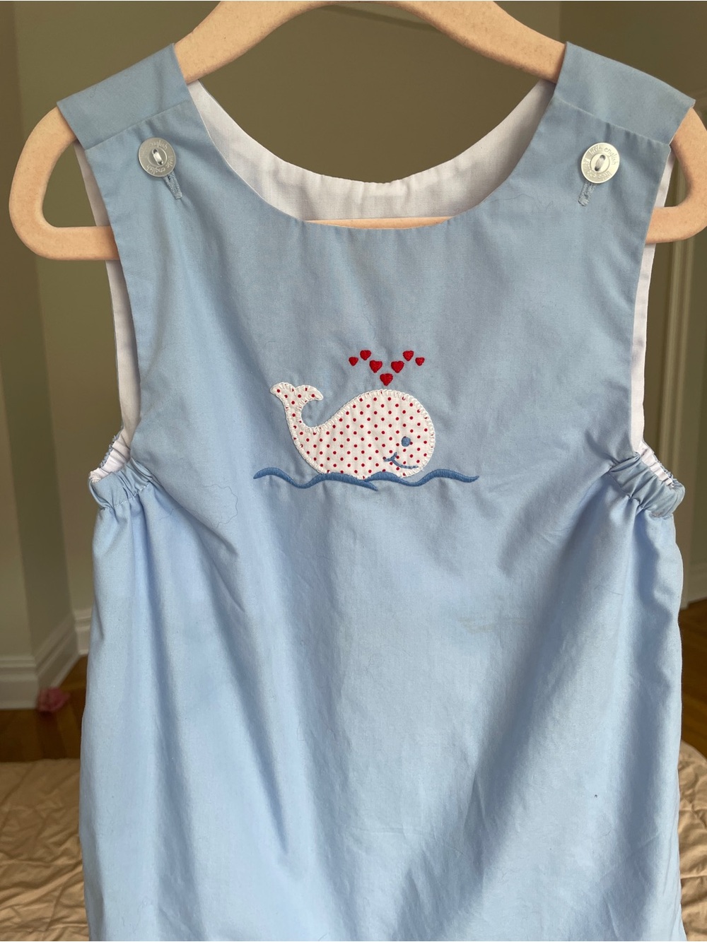 🐳❤️ Little English Light Blue Whale with Hearts Appliqué Shortall Romper 3T
